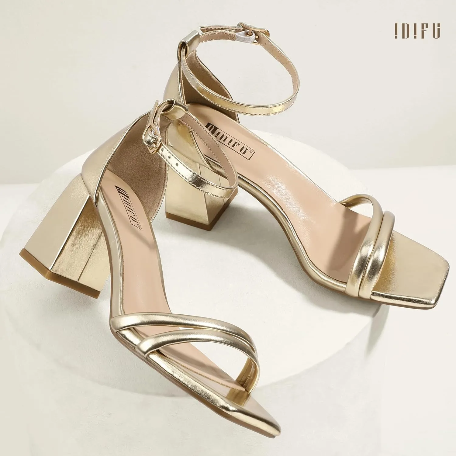 IDIFU IN3 Strappy Chunky Block Low Square Open Toe Heels Dress Shoes for Women Dressy Wedding Prom Bridal Bridesmaid Shoes Ankle Strap Heeled Sandals Comfortable Cute Trendy Short Thick Heels