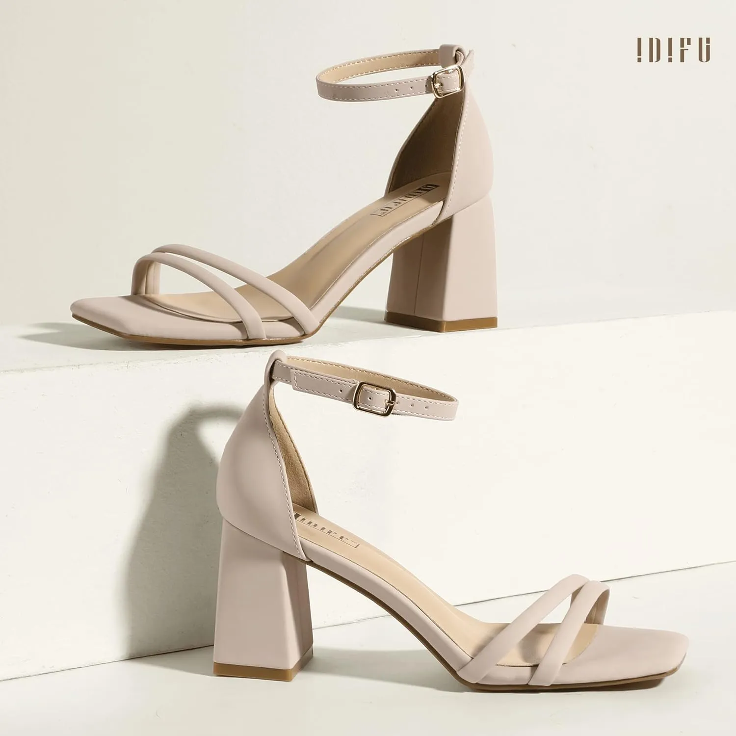 IDIFU IN3 Strappy Chunky Block Low Square Open Toe Heels Dress Shoes for Women Dressy Wedding Prom Bridal Bridesmaid Shoes Ankle Strap Heeled Sandals Comfortable Cute Trendy Short Thick Heels