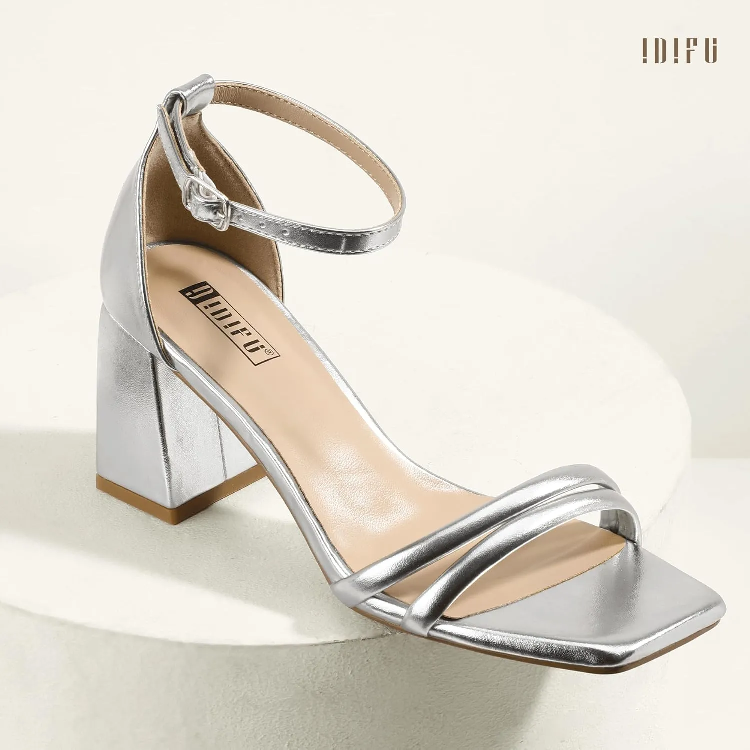 IDIFU IN3 Strappy Chunky Block Low Square Open Toe Heels Dress Shoes for Women Dressy Wedding Prom Bridal Bridesmaid Shoes Ankle Strap Heeled Sandals Comfortable Cute Trendy Short Thick Heels