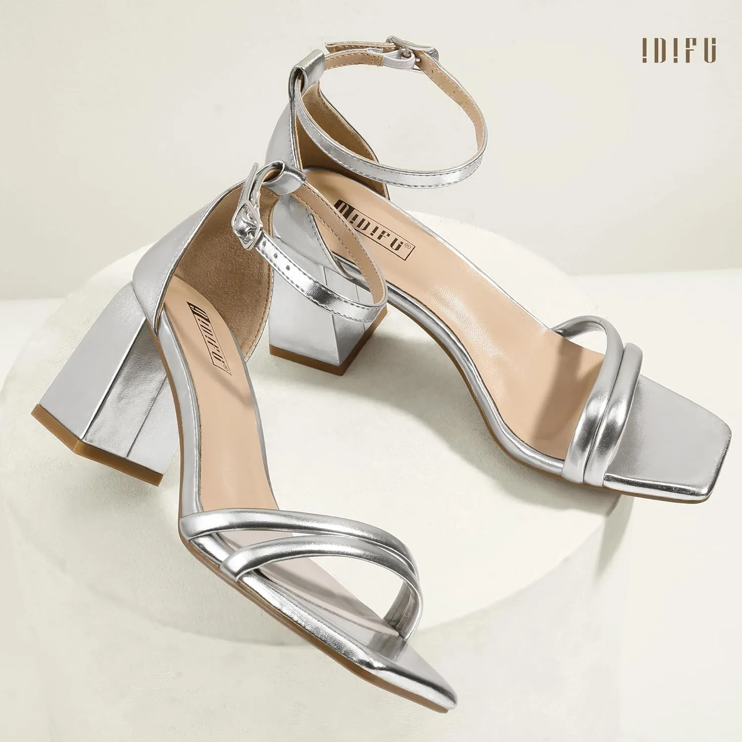 IDIFU IN3 Strappy Chunky Block Low Square Open Toe Heels Dress Shoes for Women Dressy Wedding Prom Bridal Bridesmaid Shoes Ankle Strap Heeled Sandals Comfortable Cute Trendy Short Thick Heels