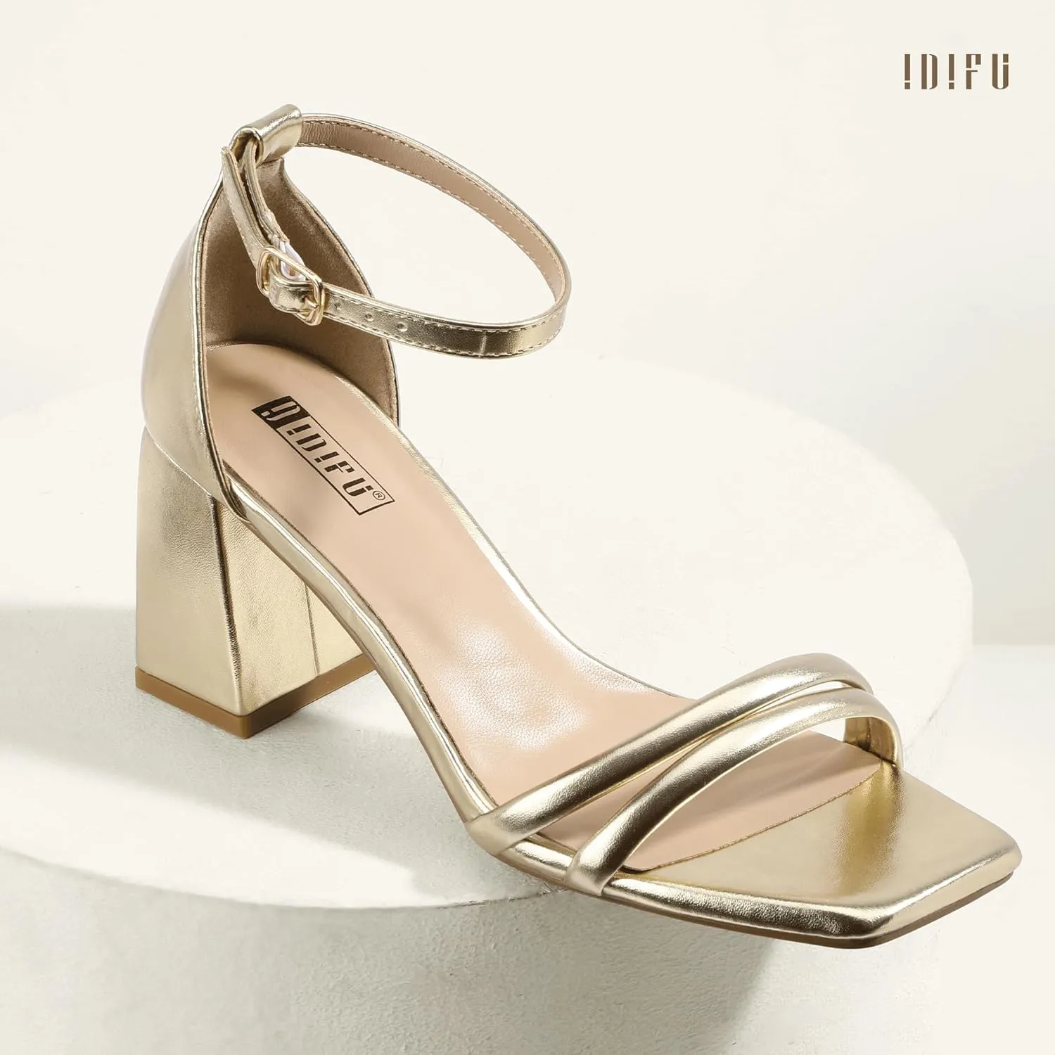 IDIFU IN3 Strappy Chunky Block Low Square Open Toe Heels Dress Shoes for Women Dressy Wedding Prom Bridal Bridesmaid Shoes Ankle Strap Heeled Sandals Comfortable Cute Trendy Short Thick Heels