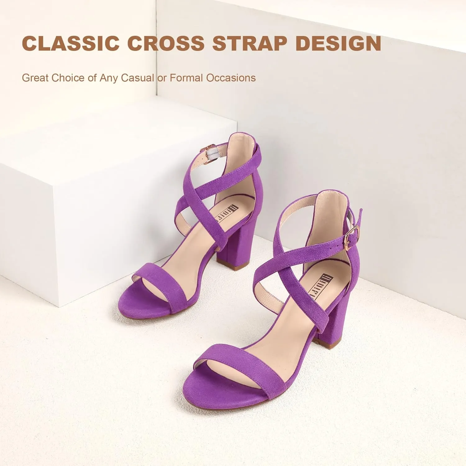 IDIFU Women's IN3 Grace Strappy Block Heels Sandals Comfy Open Toe Chunky Dress Wedding Shoes with Adjustable Cross Strap