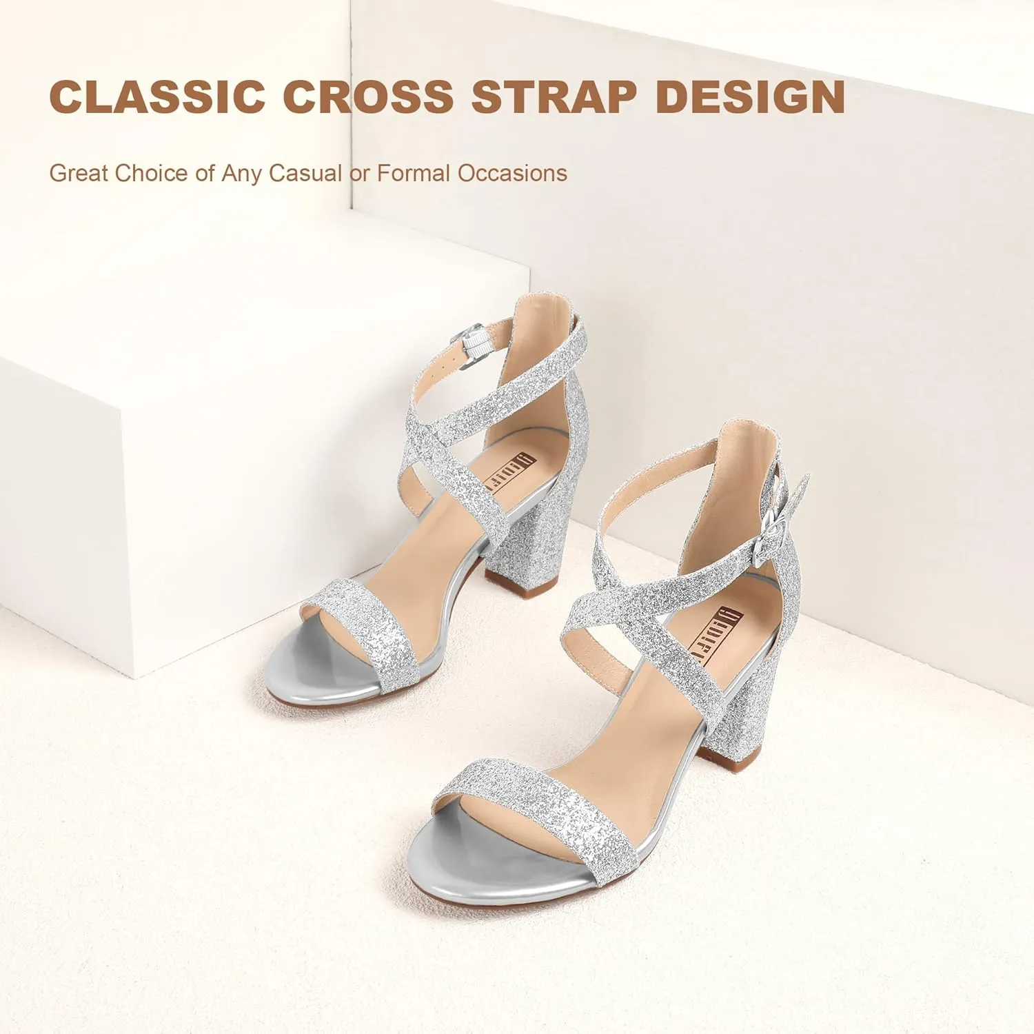 IDIFU Women's IN3 Grace Strappy Block Heels Sandals Comfy Open Toe Chunky Dress Wedding Shoes with Adjustable Cross Strap
