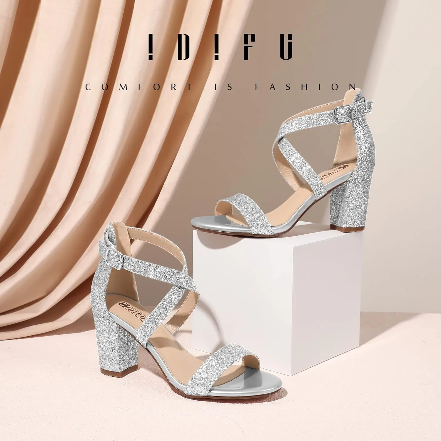 IDIFU Women's IN3 Grace Strappy Block Heels Sandals Comfy Open Toe Chunky Dress Wedding Shoes with Adjustable Cross Strap