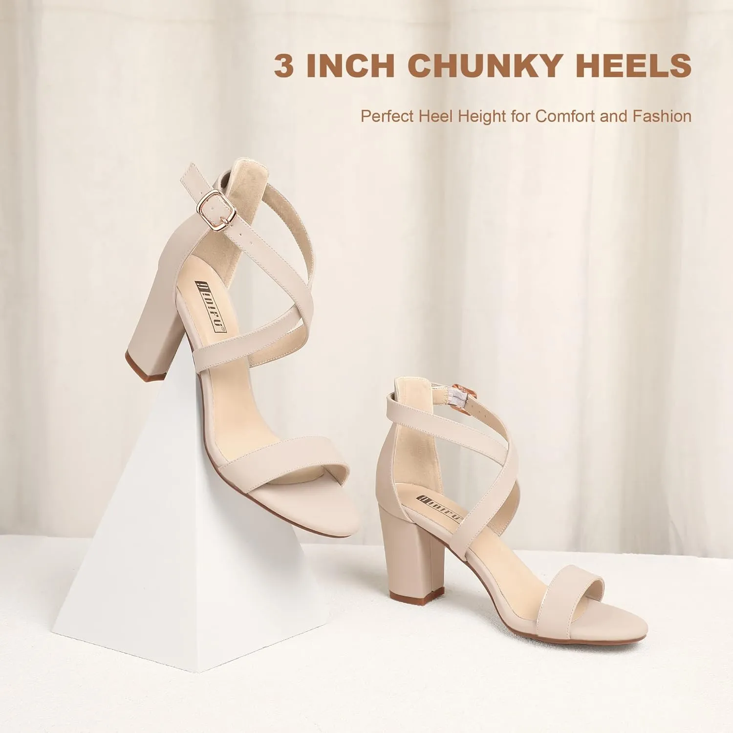 IDIFU Women's IN3 Grace Strappy Block Heels Sandals Comfy Open Toe Chunky Dress Wedding Shoes with Adjustable Cross Strap