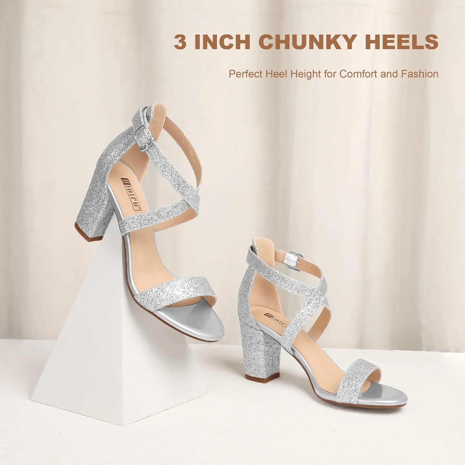 IDIFU Women's IN3 Grace Strappy Block Heels Sandals Comfy Open Toe Chunky Dress Wedding Shoes with Adjustable Cross Strap