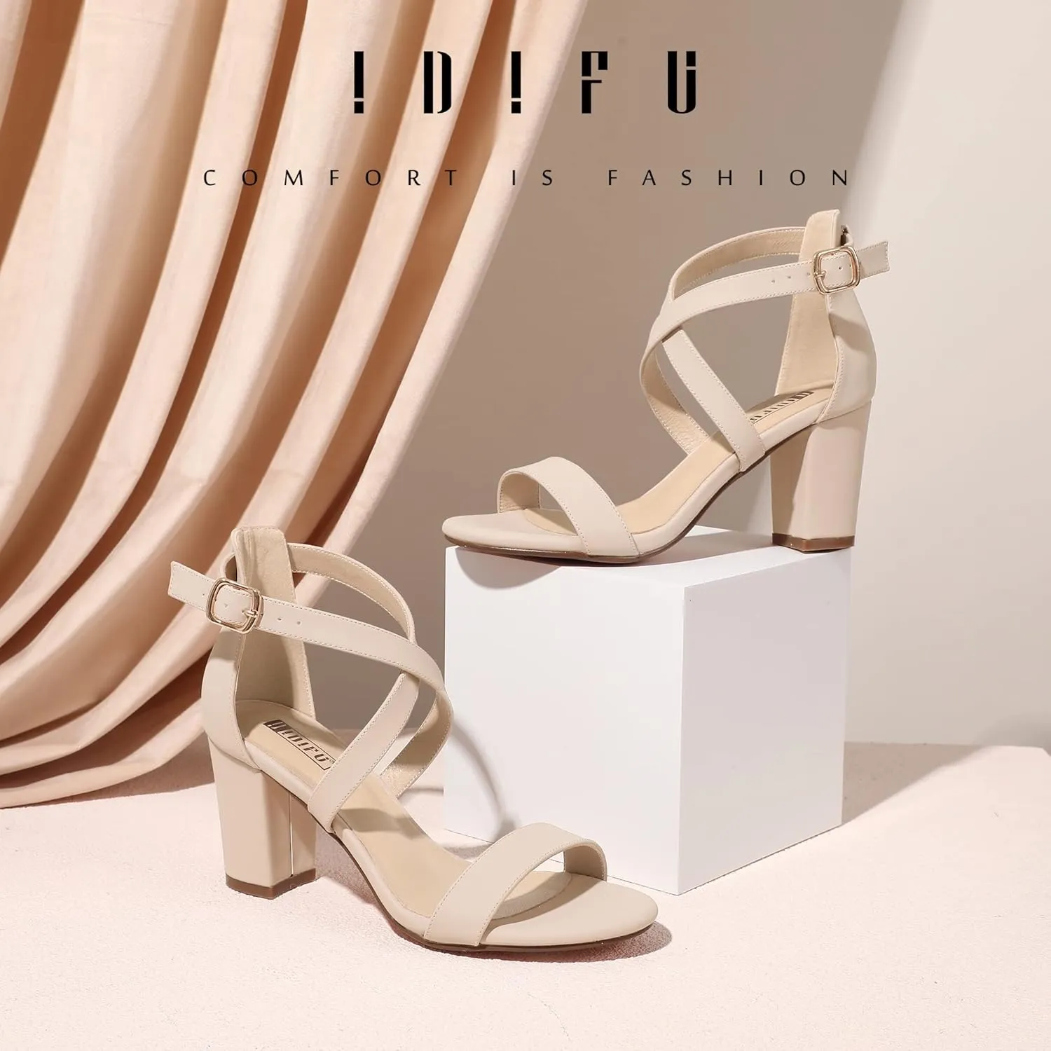 IDIFU Women's IN3 Grace Strappy Block Heels Sandals Comfy Open Toe Chunky Dress Wedding Shoes with Adjustable Cross Strap