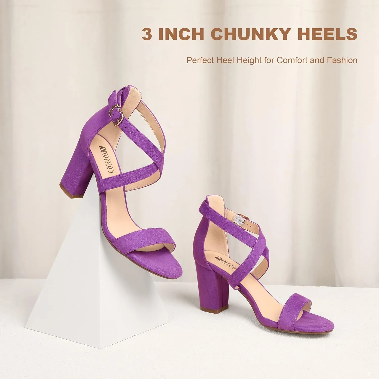 IDIFU Women's IN3 Grace Strappy Block Heels Sandals Comfy Open Toe Chunky Dress Wedding Shoes with Adjustable Cross Strap