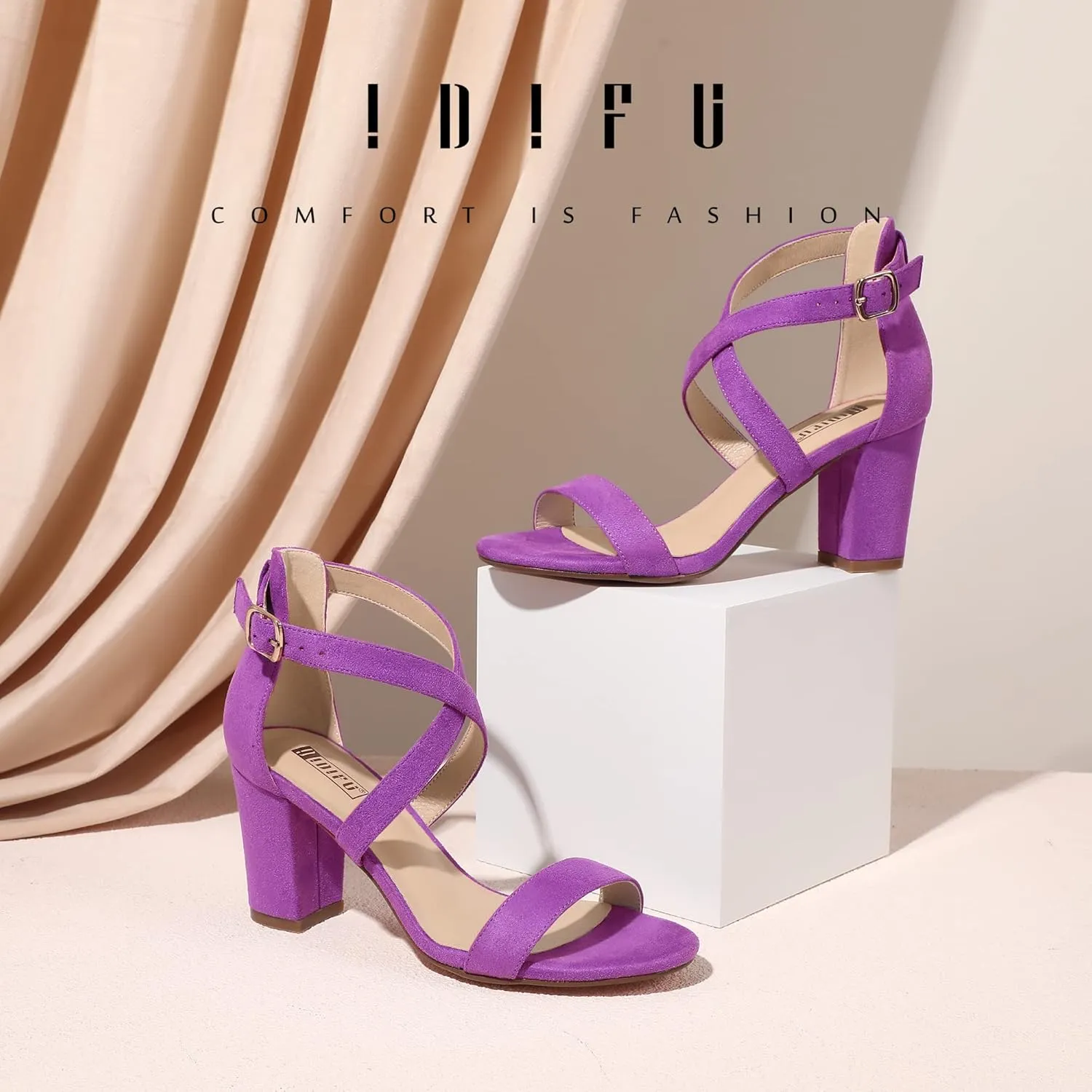 IDIFU Women's IN3 Grace Strappy Block Heels Sandals Comfy Open Toe Chunky Dress Wedding Shoes with Adjustable Cross Strap