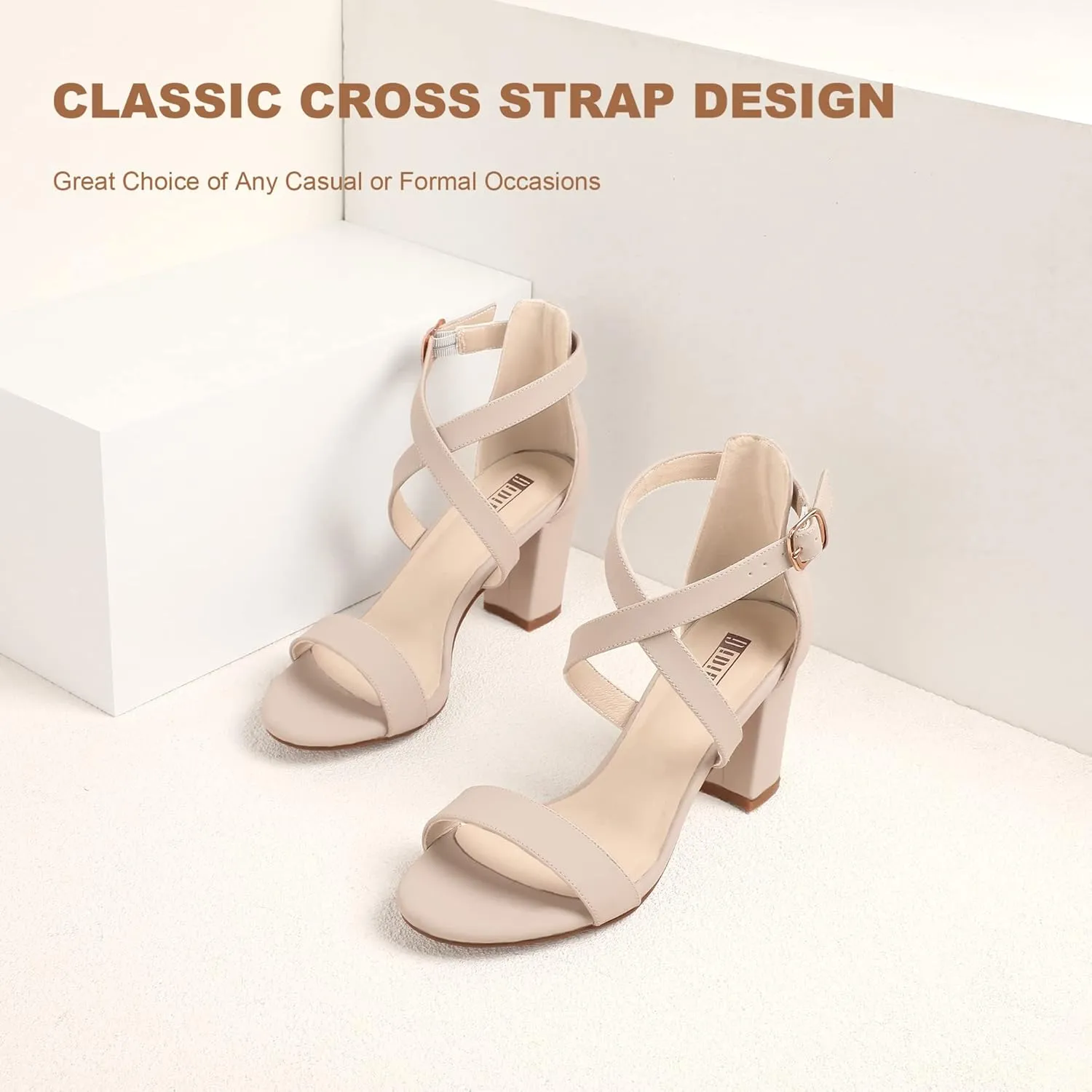 IDIFU Women's IN3 Grace Strappy Block Heels Sandals Comfy Open Toe Chunky Dress Wedding Shoes with Adjustable Cross Strap