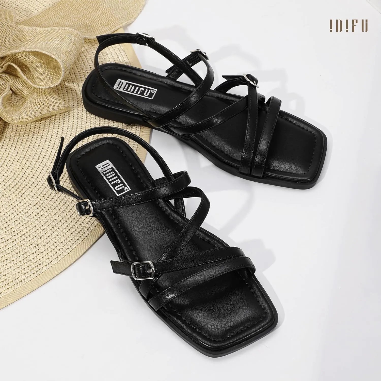 IDIFU Women's Strappy Sandals Square Open Toe Flats Sandals Gladiator Slingback Ankle Strap with Back Strap Summer Wedding Prom Work Party Comfortable Trendy Fashion Casual Dress Shoes