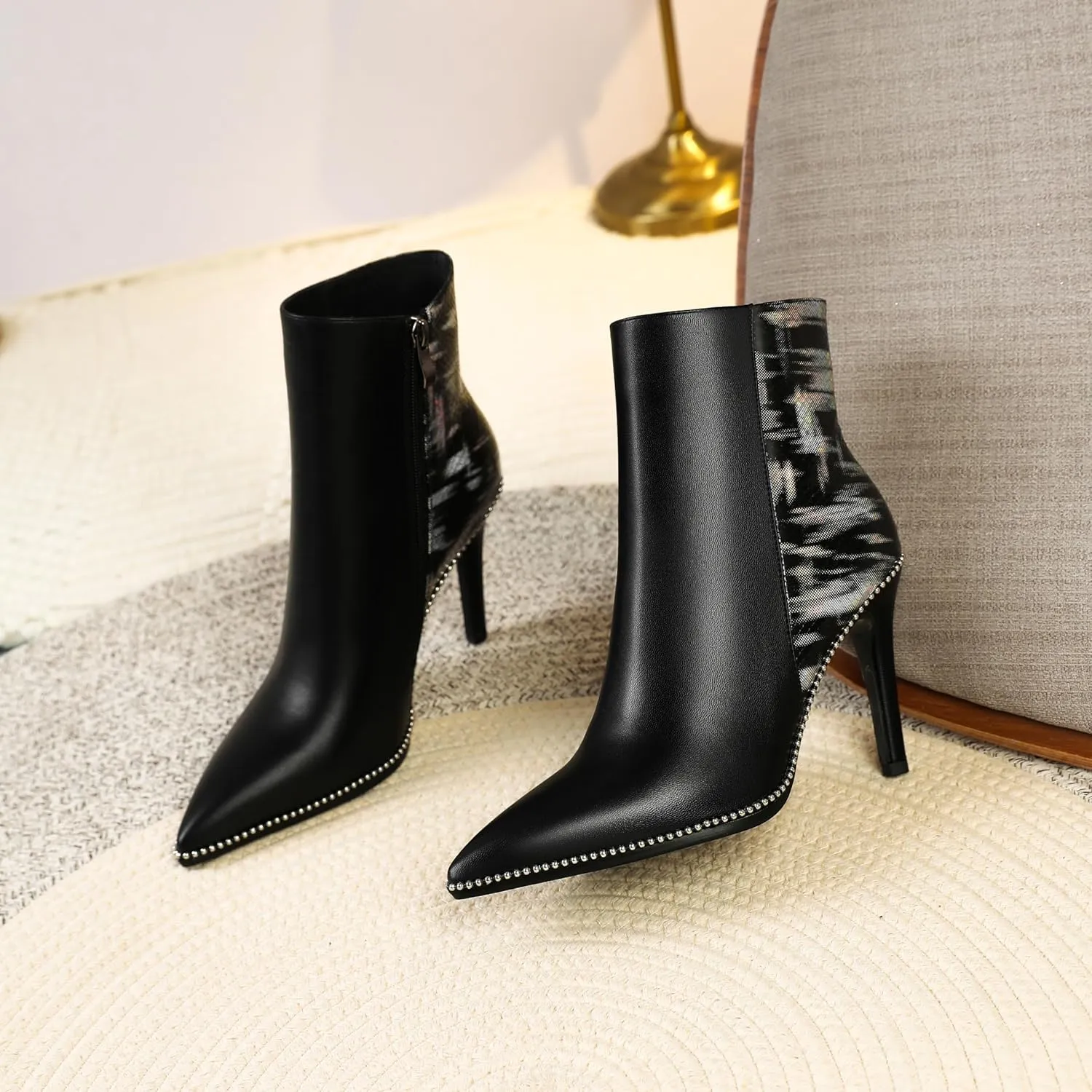 Joseywade Ankle Boots High Heel Boot Women Pointed Toe Thin Slim Heel Booties Side Zipper Beaded Short Boots
