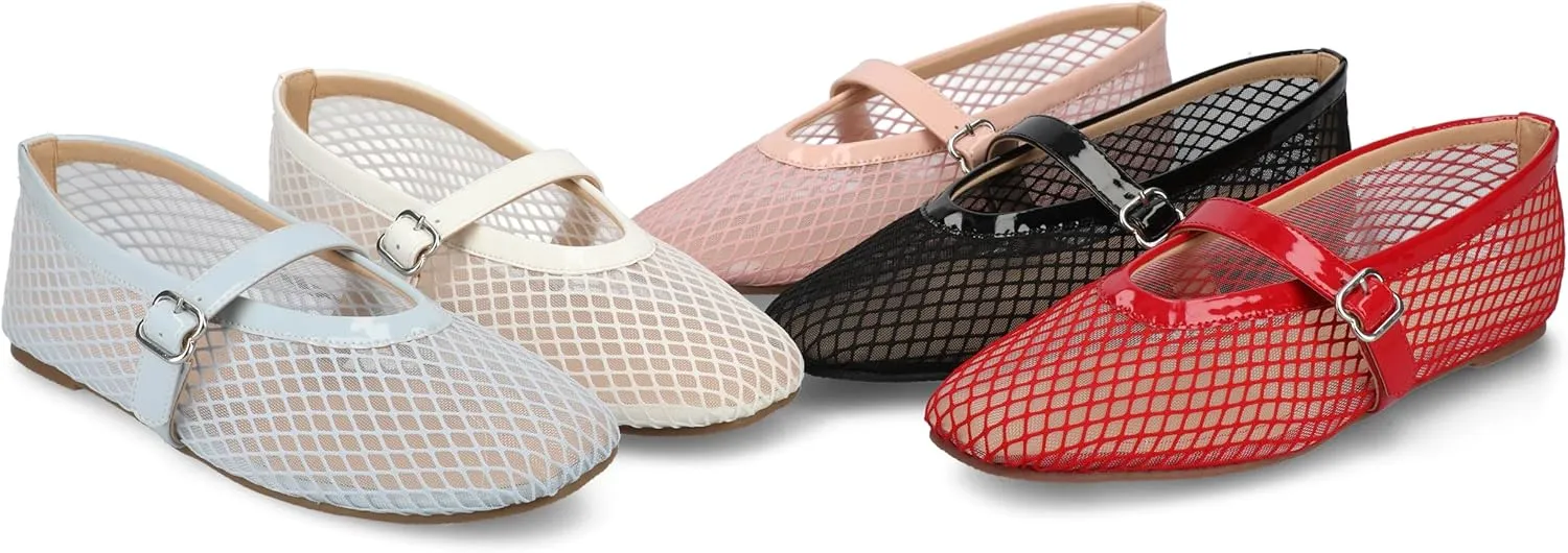 Journee Womens cushioned footbed Mesh Fabric Flats Flat Sole Casha Mary Jane Flats Buckle