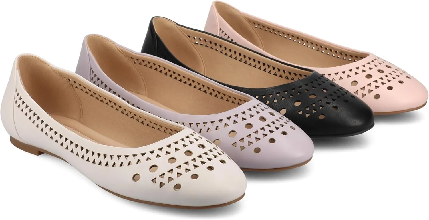 Journee Womens Flats cushioned footbed Kamrah Faux Leather Laser Cutout Designs Flat Sole Ballet Flats