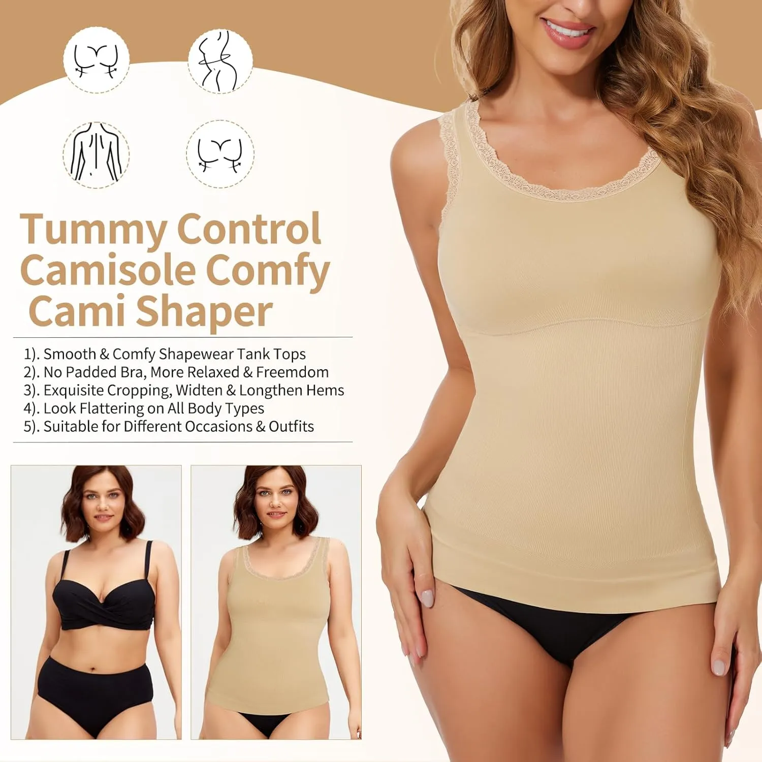JOYSHAPER Women Shapewear Tank Tops Stretchy Lace Cami Shaper for Tummy Control Shapewear Camisole Comfy Cami Undershirt