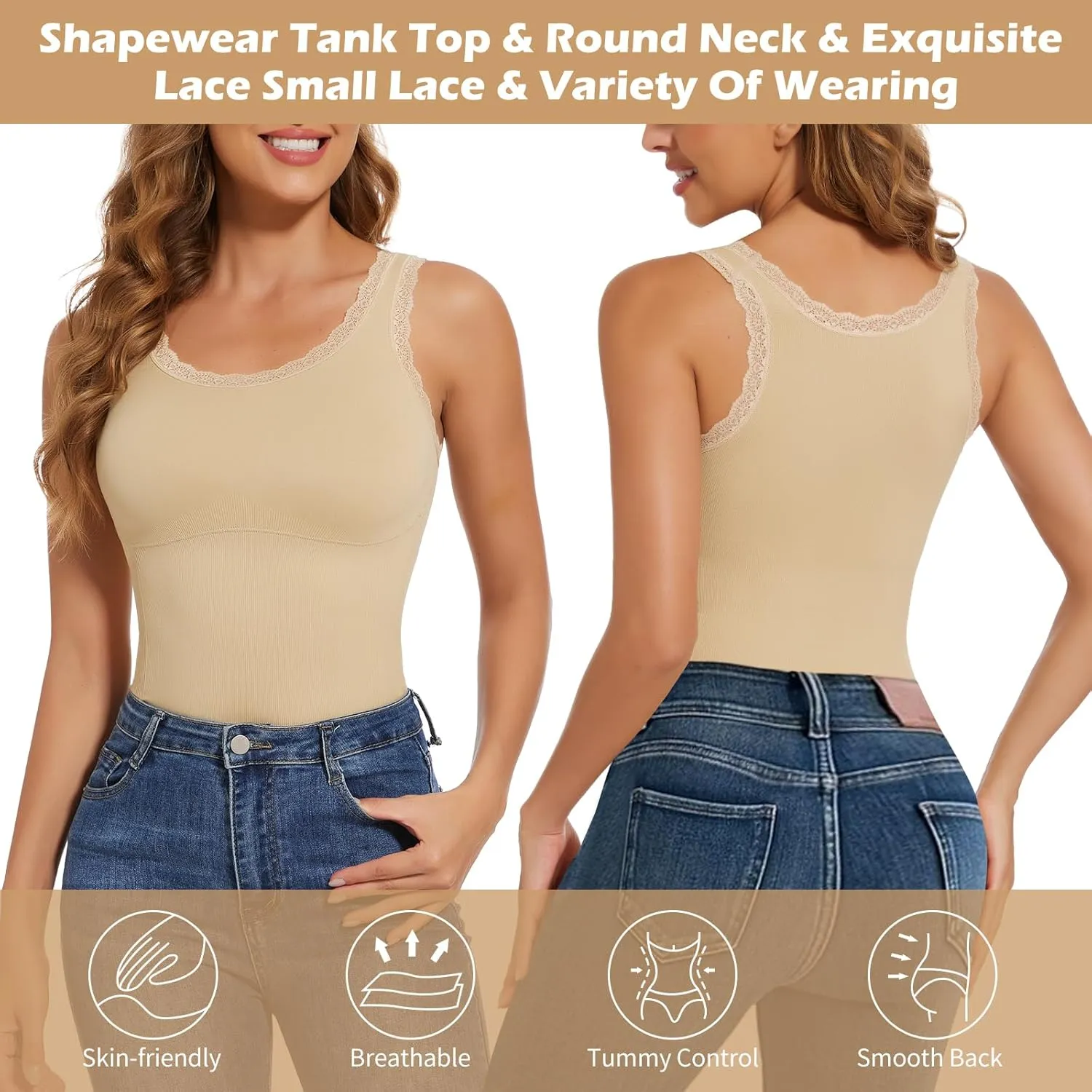 JOYSHAPER Women Shapewear Tank Tops Stretchy Lace Cami Shaper for Tummy Control Shapewear Camisole Comfy Cami Undershirt