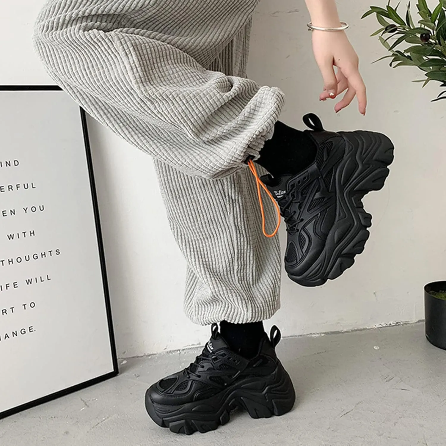 Julymens Women's Platform Chunky Sneakers Lace Up Fashion Wedge Heel Black Dad Shoes