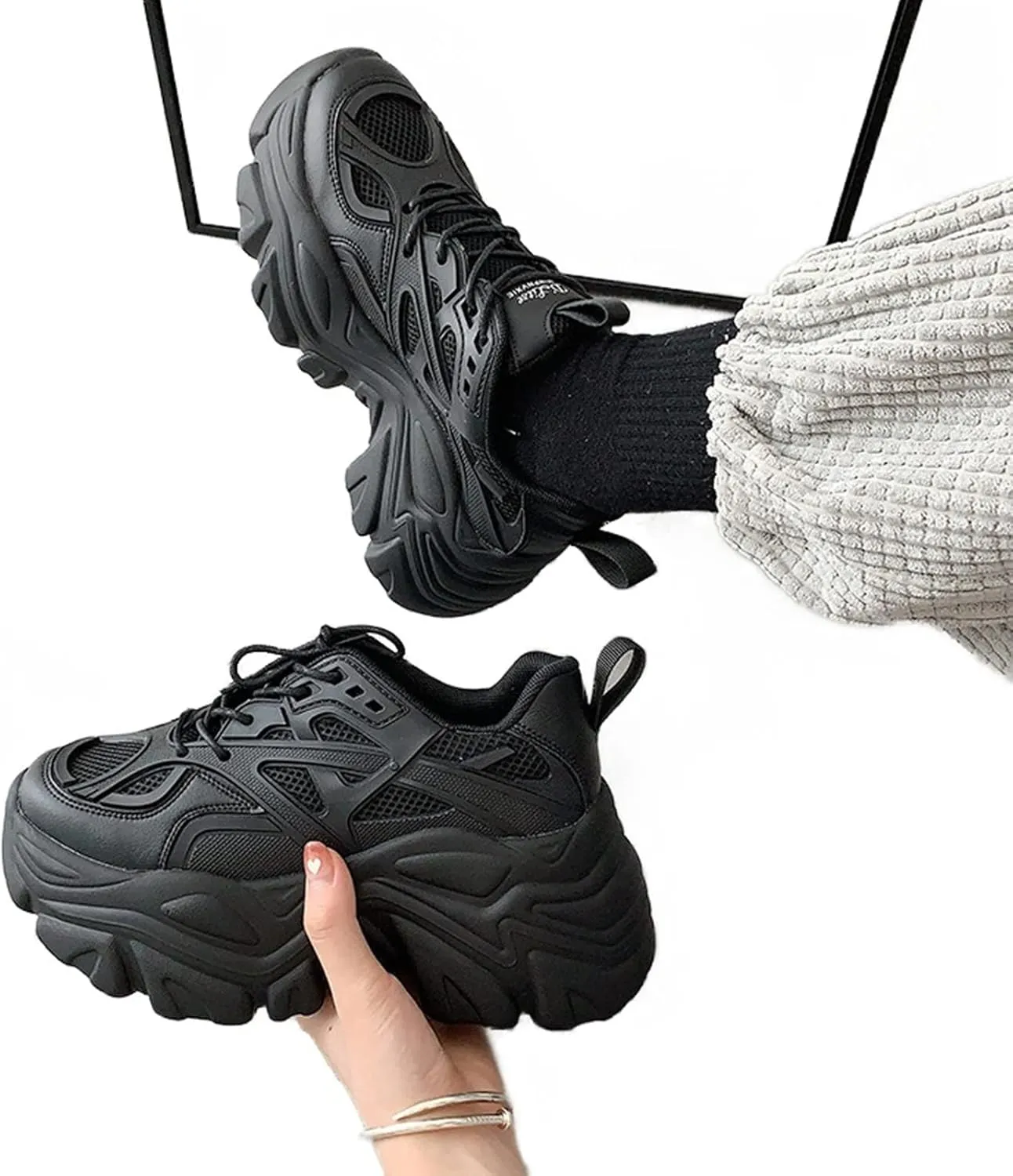 Julymens Women's Platform Chunky Sneakers Lace Up Fashion Wedge Heel Black Dad Shoes