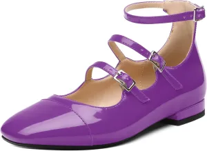 JUSTDANNI Flats for Women Mary Jane Shoes with Round Toe Low Chunky Block Heels Fashion Patent Ankle Strap Pumps for Wedding Party Dating Work