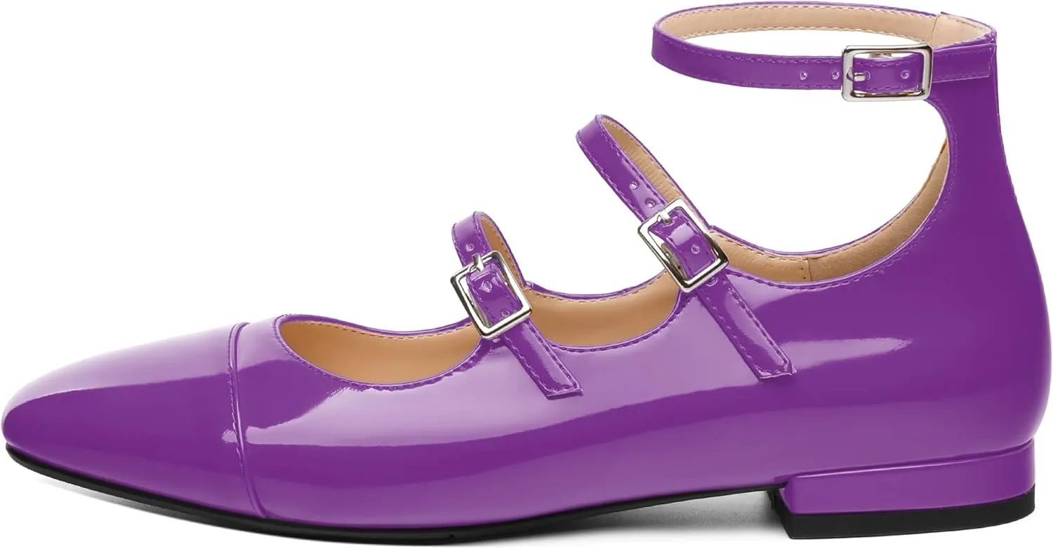 JUSTDANNI Flats for Women Mary Jane Shoes with Round Toe Low Chunky Block Heels Fashion Patent Ankle Strap Pumps for Wedding Party Dating Work