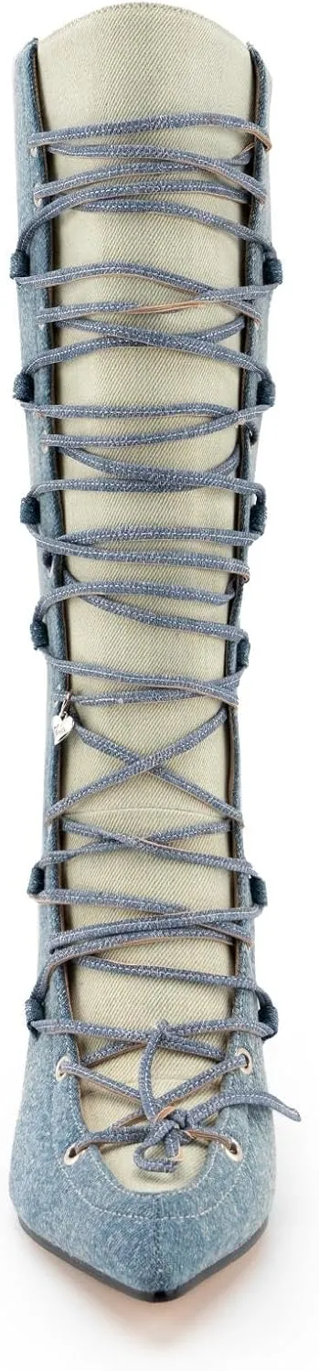 KaroNairy Women Mid Calf Denim Boots Pointed Toe Lace Up Cowboy Boots High Heel Cowgirl Stiletto Thigh Boots blue