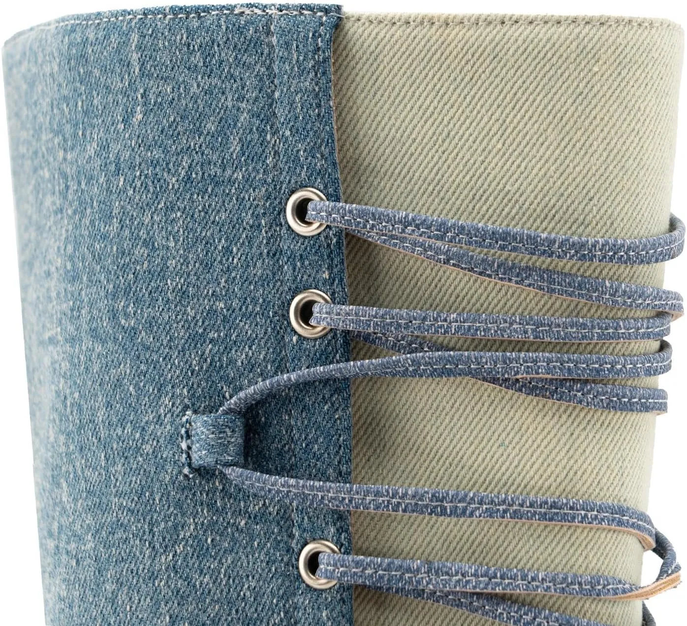 KaroNairy Women Mid Calf Denim Boots Pointed Toe Lace Up Cowboy Boots High Heel Cowgirl Stiletto Thigh Boots blue