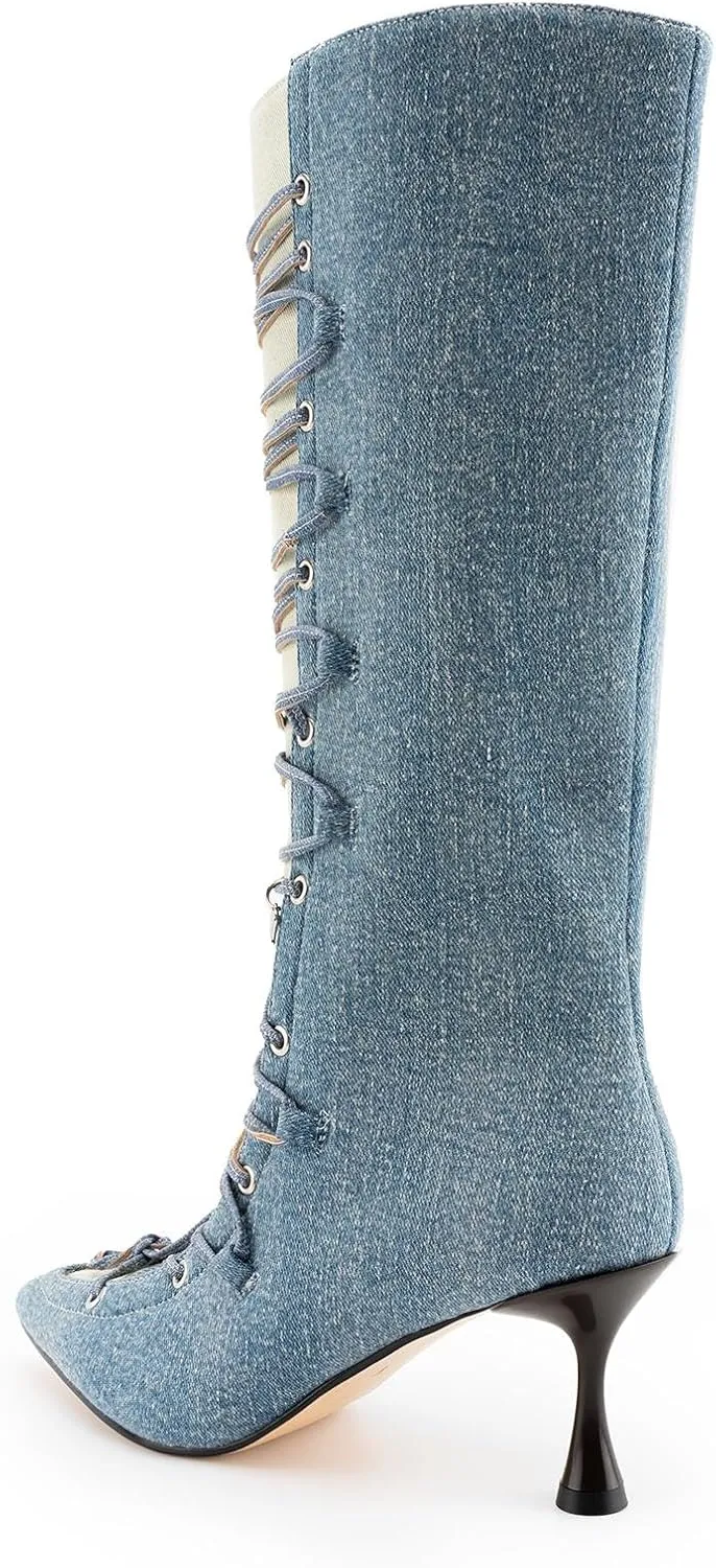 KaroNairy Women Mid Calf Denim Boots Pointed Toe Lace Up Cowboy Boots High Heel Cowgirl Stiletto Thigh Boots blue