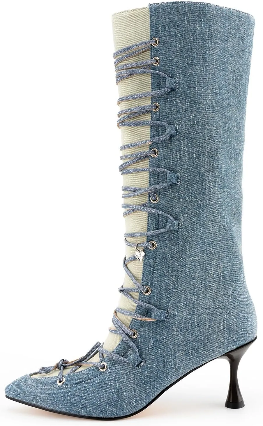 KaroNairy Women Mid Calf Denim Boots Pointed Toe Lace Up Cowboy Boots High Heel Cowgirl Stiletto Thigh Boots blue
