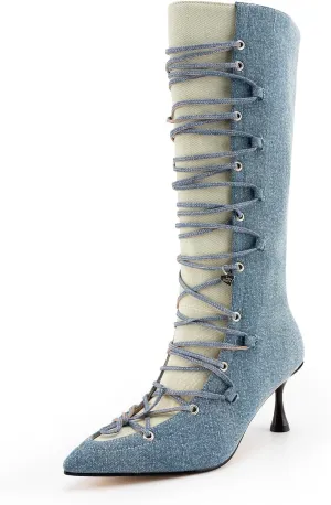 KaroNairy Women Mid Calf Denim Boots Pointed Toe Lace Up Cowboy Boots High Heel Cowgirl Stiletto Thigh Boots blue
