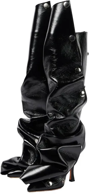 KaroNairy Women Stiletto Knee High Boots Slouch Pointed Toe High Heel Boot Detachable Snap-off Panel Shark Boots