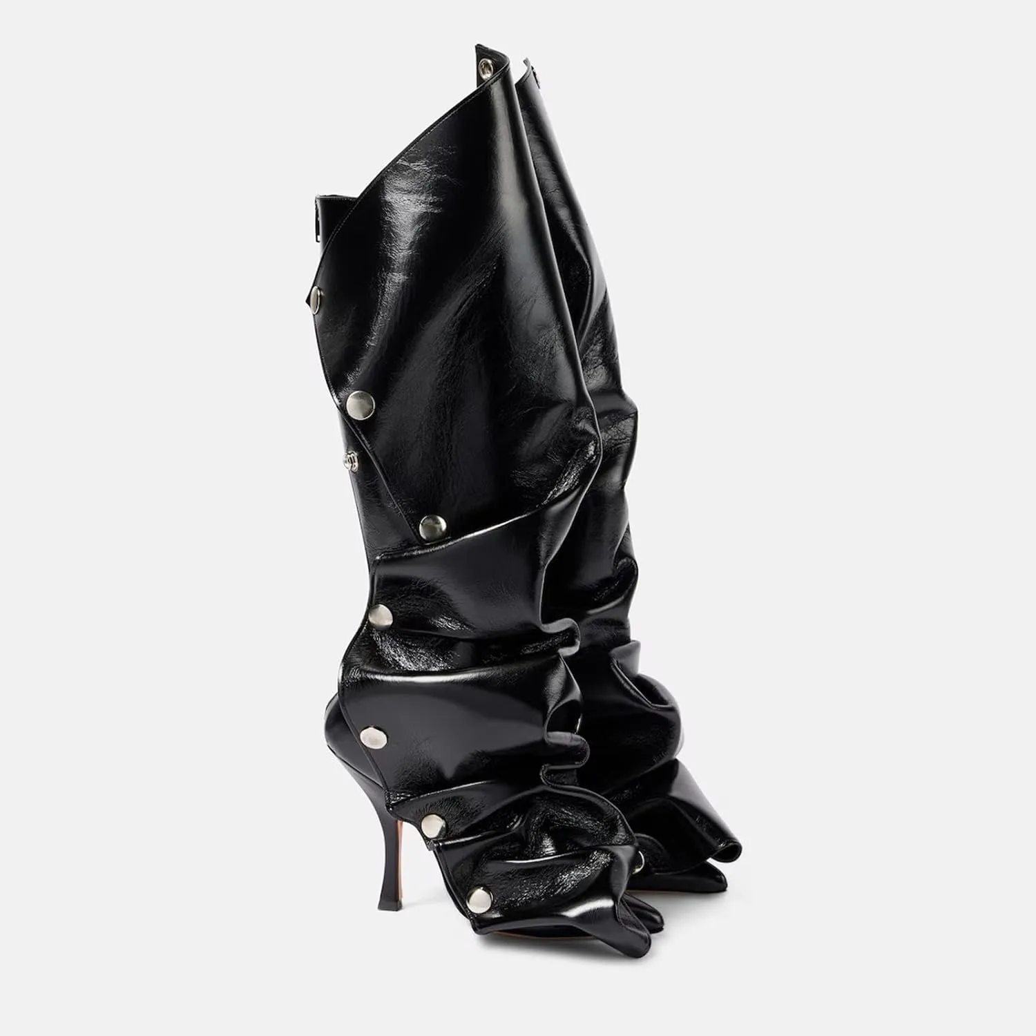 KaroNairy Women Stiletto Knee High Boots Slouch Pointed Toe High Heel Boot Detachable Snap-off Panel Shark Boots