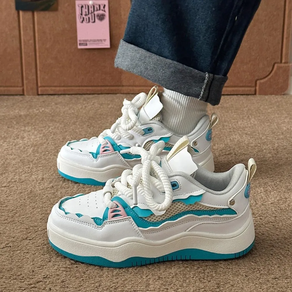Kawaii K-pop Elevated Chunky Sole Sneakers - 'Ice Cream-Inspired' White & Blue Design | Korean Academy Style with Cute Manga Vibes, Height-Boosting Breathable Sole for Women, Ideal for Travel Outfits