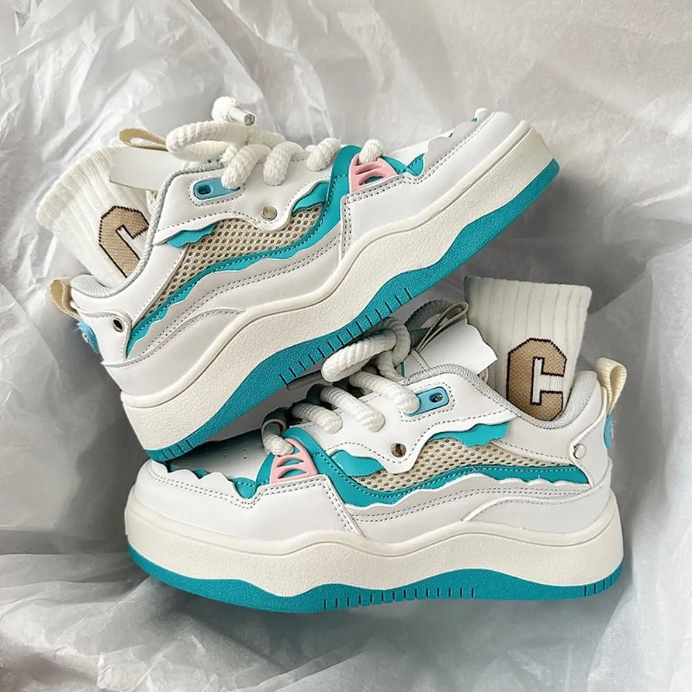 Kawaii K-pop Elevated Chunky Sole Sneakers - 'Ice Cream-Inspired' White & Blue Design | Korean Academy Style with Cute Manga Vibes, Height-Boosting Breathable Sole for Women, Ideal for Travel Outfits