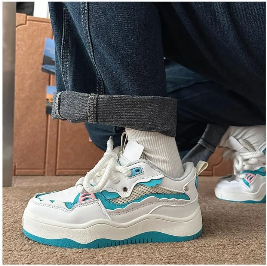 Kawaii K-pop Elevated Chunky Sole Sneakers - 'Ice Cream-Inspired' White & Blue Design | Korean Academy Style with Cute Manga Vibes, Height-Boosting Breathable Sole for Women, Ideal for Travel Outfits