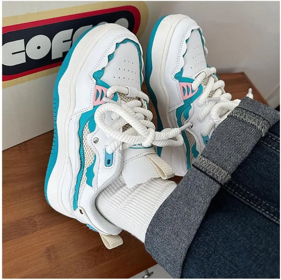 Kawaii K-pop Elevated Chunky Sole Sneakers - 'Ice Cream-Inspired' White & Blue Design | Korean Academy Style with Cute Manga Vibes, Height-Boosting Breathable Sole for Women, Ideal for Travel Outfits
