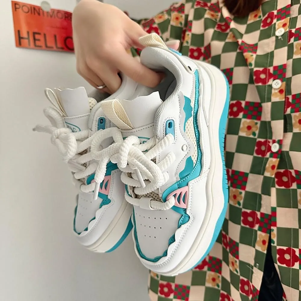 Kawaii K-pop Elevated Chunky Sole Sneakers - 'Ice Cream-Inspired' White & Blue Design | Korean Academy Style with Cute Manga Vibes, Height-Boosting Breathable Sole for Women, Ideal for Travel Outfits