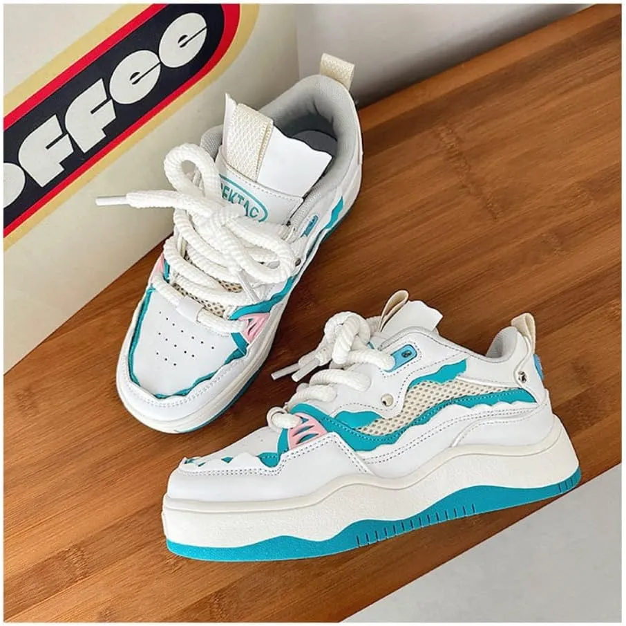 Kawaii K-pop Elevated Chunky Sole Sneakers - 'Ice Cream-Inspired' White & Blue Design | Korean Academy Style with Cute Manga Vibes, Height-Boosting Breathable Sole for Women, Ideal for Travel Outfits