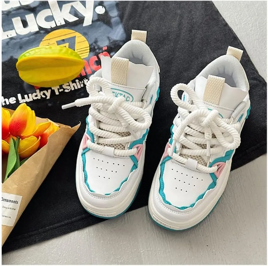 Kawaii K-pop Elevated Chunky Sole Sneakers - 'Ice Cream-Inspired' White & Blue Design | Korean Academy Style with Cute Manga Vibes, Height-Boosting Breathable Sole for Women, Ideal for Travel Outfits