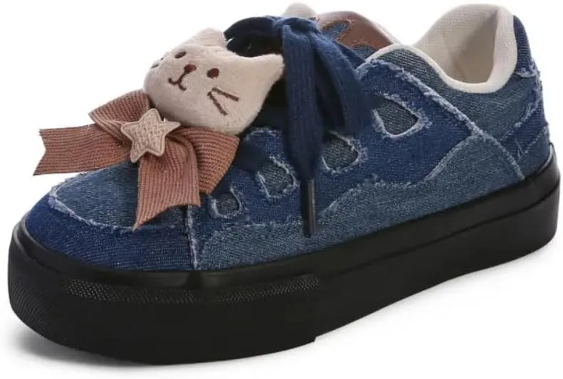 Kawaii Y2K Fashion Platform Sneakers, Cat Design with Bow, Casual Walking Shoes for Women Girls