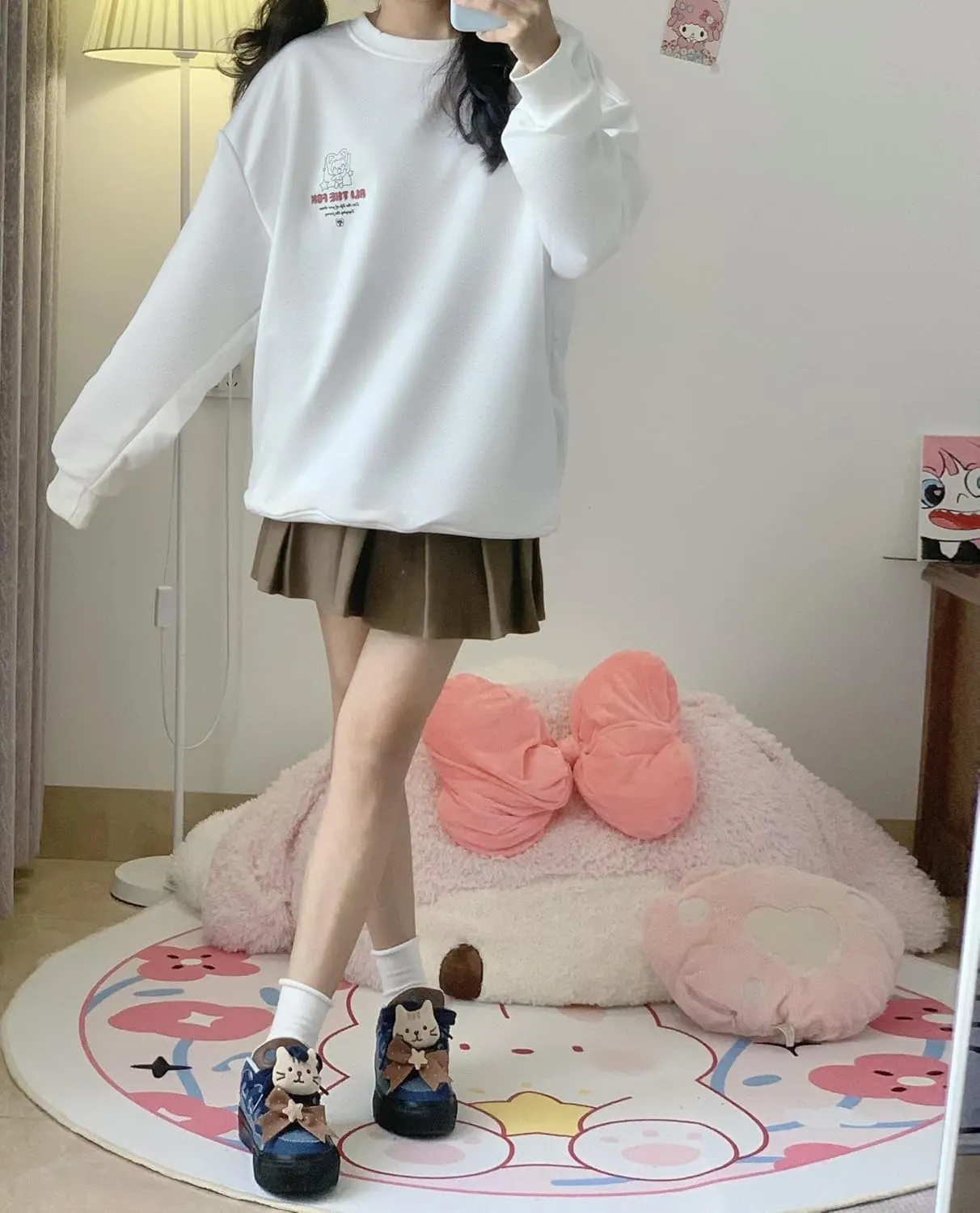 Kawaii Y2K Fashion Platform Sneakers, Cat Design with Bow, Casual Walking Shoes for Women Girls