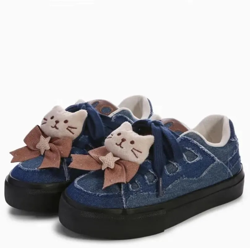 Kawaii Y2K Fashion Platform Sneakers, Cat Design with Bow, Casual Walking Shoes for Women Girls