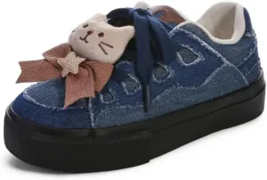 Kawaii Y2K Fashion Platform Sneakers, Cat Design with Bow, Casual Walking Shoes for Women Girls