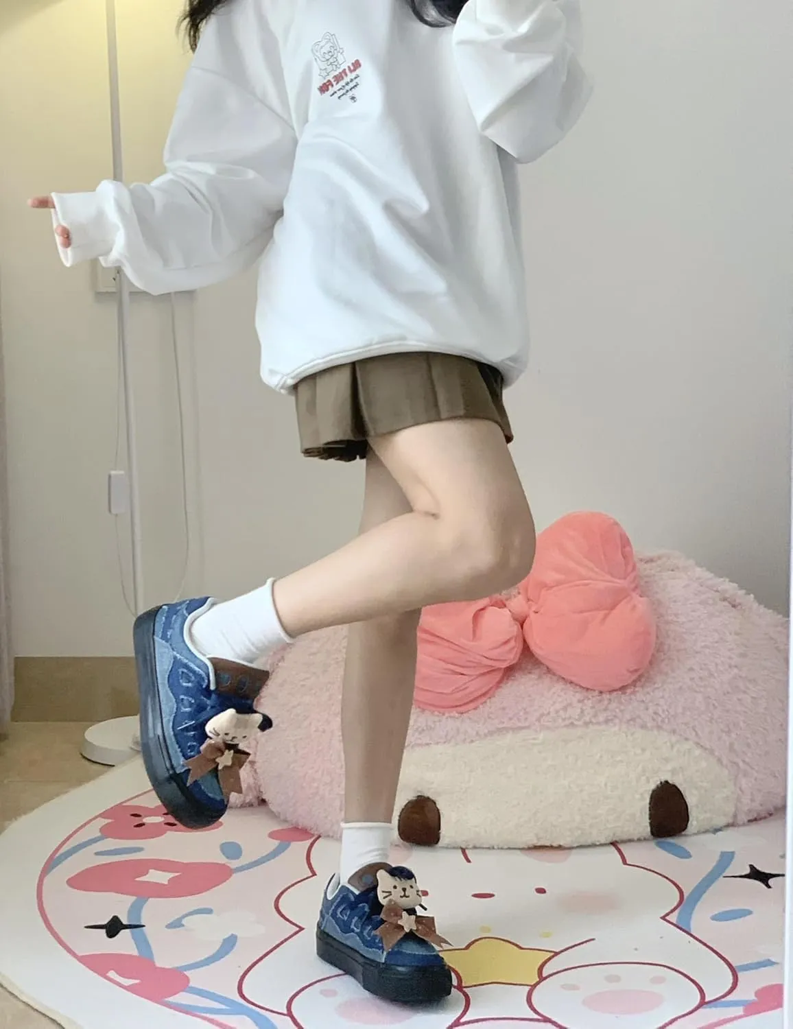 Kawaii Y2K Fashion Platform Sneakers, Cat Design with Bow, Casual Walking Shoes for Women Girls