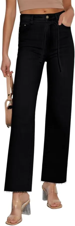 KDF Straight Leg Jeans for Women High Waisted Jeans Frayed Baggy Pants Raw Hem Loose Stretchy Cropped Wide Leg Jeans