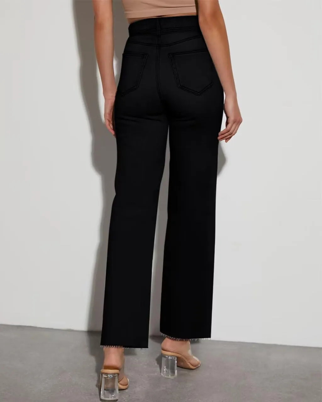 KDF Straight Leg Jeans for Women High Waisted Jeans Frayed Baggy Pants Raw Hem Loose Stretchy Cropped Wide Leg Jeans