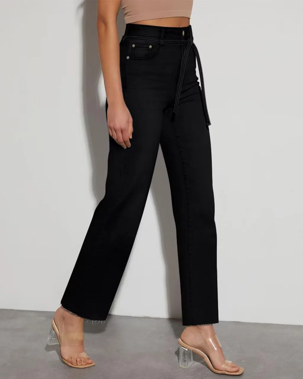 KDF Straight Leg Jeans for Women High Waisted Jeans Frayed Baggy Pants Raw Hem Loose Stretchy Cropped Wide Leg Jeans