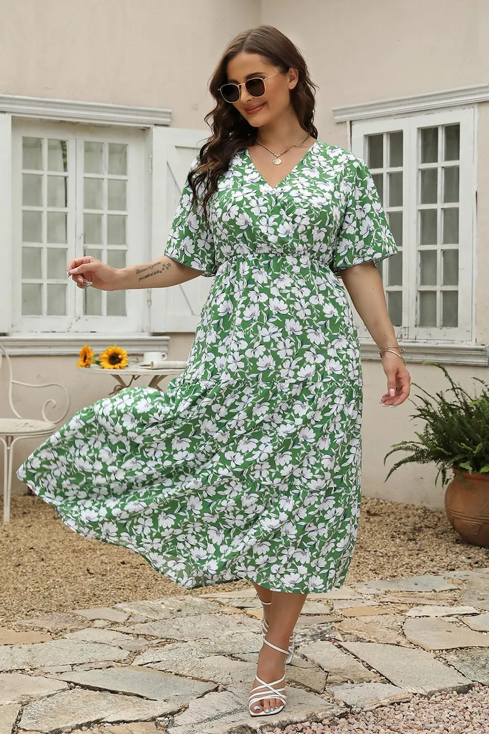 Keluummi Plus Size Wedding Guest Maxi Dresses for Curvy Women, Summer Casual Boho Floral Long Party Sundress with 3/4 Sleeve
