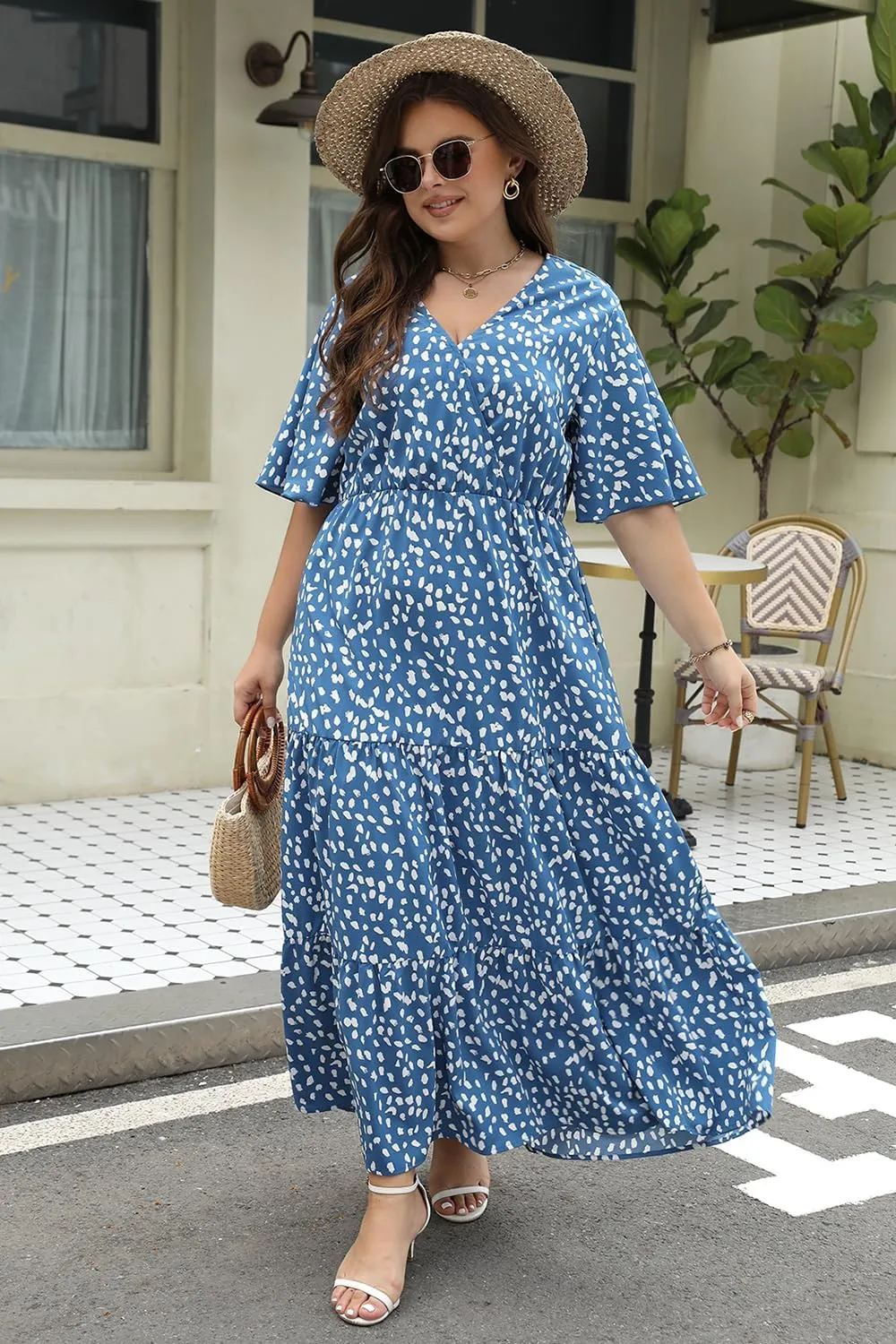 Keluummi Plus Size Wedding Guest Maxi Dresses for Curvy Women, Summer Casual Boho Floral Long Party Sundress with 3/4 Sleeve