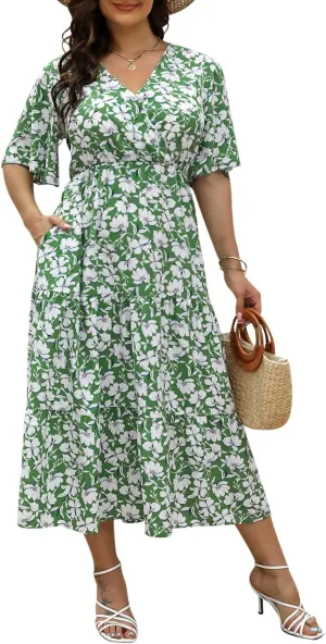 Keluummi Plus Size Wedding Guest Maxi Dresses for Curvy Women, Summer Casual Boho Floral Long Party Sundress with 3/4 Sleeve