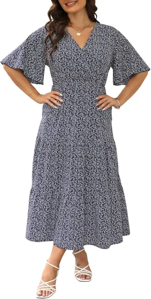 Keluummi Plus Size Wedding Guest Maxi Dresses for Curvy Women, Summer Casual Boho Floral Long Party Sundress with 3/4 Sleeve